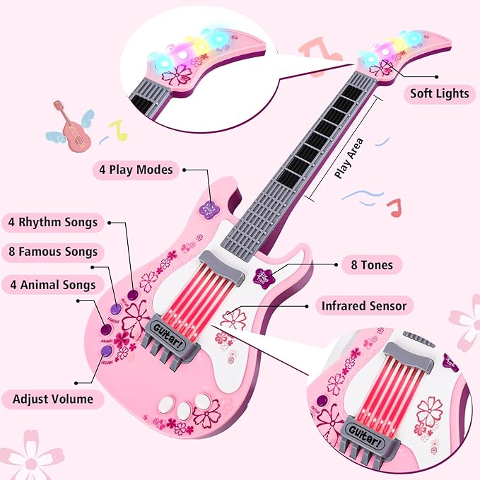M SANMERSEN Kids Guitar for Girl Music Toy Electric Pink Guitars with Strap for Kid Toddler Musical Instrument Toys for 3 4 5 Year Old Girls Gifts