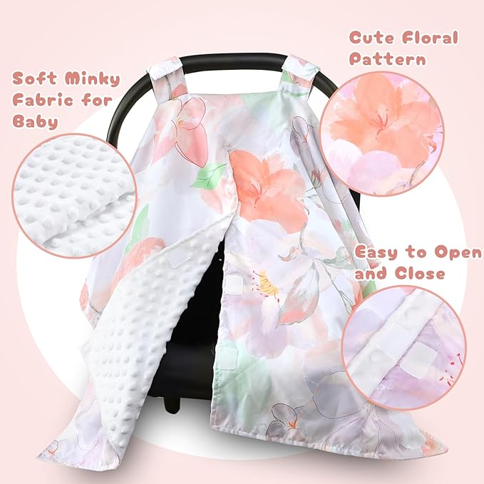 Car Seat Cover Baby, Infant Car Seat Canopy Covers for Newborn Girls Boys, Soft Minky Carseat Covers Stretchy Multi-Use Nursing Cover for Stroller Baby Car Seat, Purple Floral