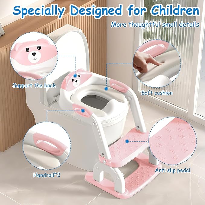 Potty Training Seat with Step Stool for Toddlers - Upgrade 2-in-1 Toilet Seat Toilet Ladder for Kids Children Boys Girls, Anti-Slip Pad & Adjustable Height with Waterproof - Pink