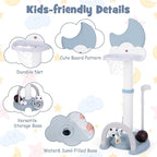 Costzon Kids Basketball Hoop with Electronic Scoreboard Cheer Sound, 4 in 1 Height Adjustable Toddler Basketball Hoop with Soccer, Golf, Ring Toss Game for Indoor Outdoor, Gift(Light Blue Moon)