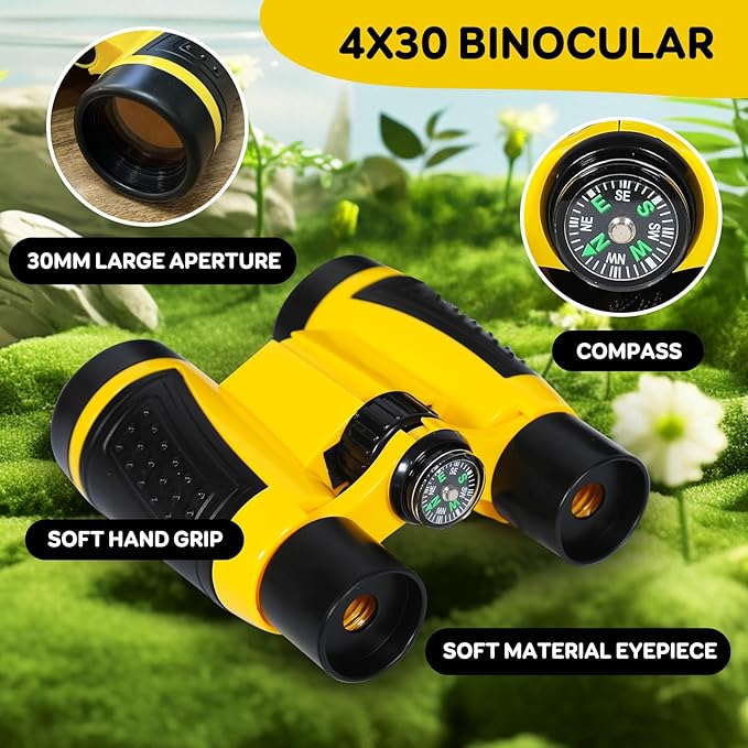 KON-TIKI 4-in-1 Kids Explorer Kit – 4x30 Binoculars with Compass, 20x–40x Handheld Microscope, 12x30 Telescope, Glow-in-The-Dark Compass – Outdoor Adventure & Nature Exploration Toy for Ages 4+