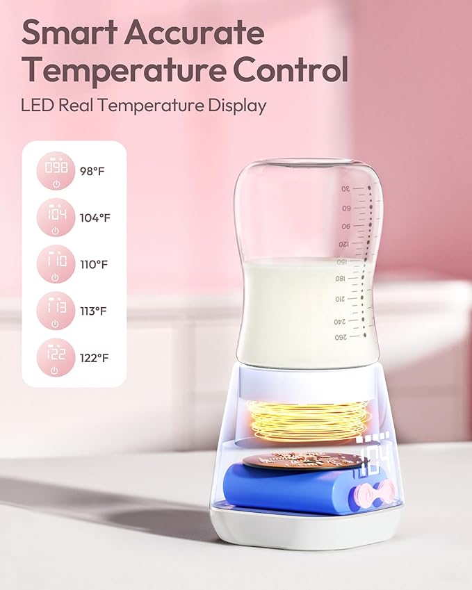 Portable Bottle Warmer, w-maxa Fast Baby Bottle Warmer for Travel with Glass Bottle & 4 Adapters, Rechargeable Bottle Warmer On The Go with Precise Temperature Control for Breastmilk, Formula