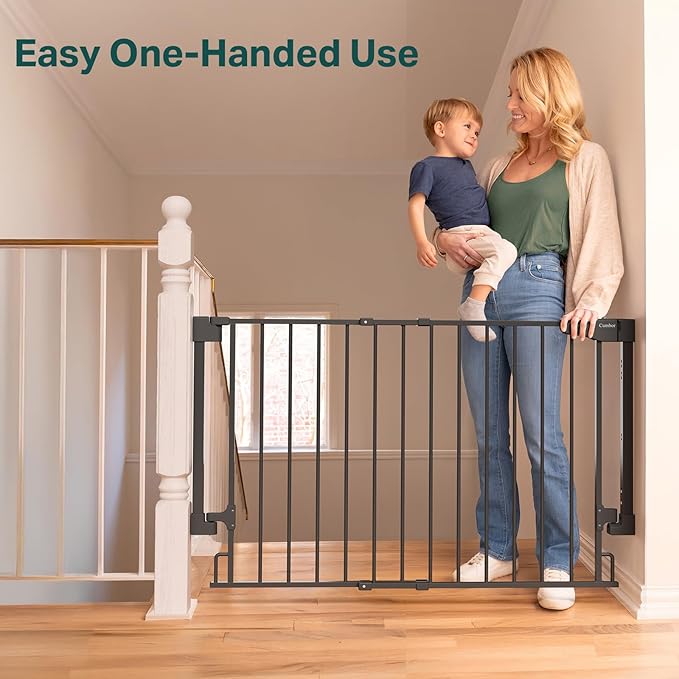 Cumbor 2 Pack 29.2-43" No Bottom Bar Baby Gate for Stairs, 2-in-1 Auto Close Dog Gate Indoor, Hardware Mounted Pet Gate for Doorways with Large Walk Thru Door, Child-Proof Safety Gate for Kids (Black)