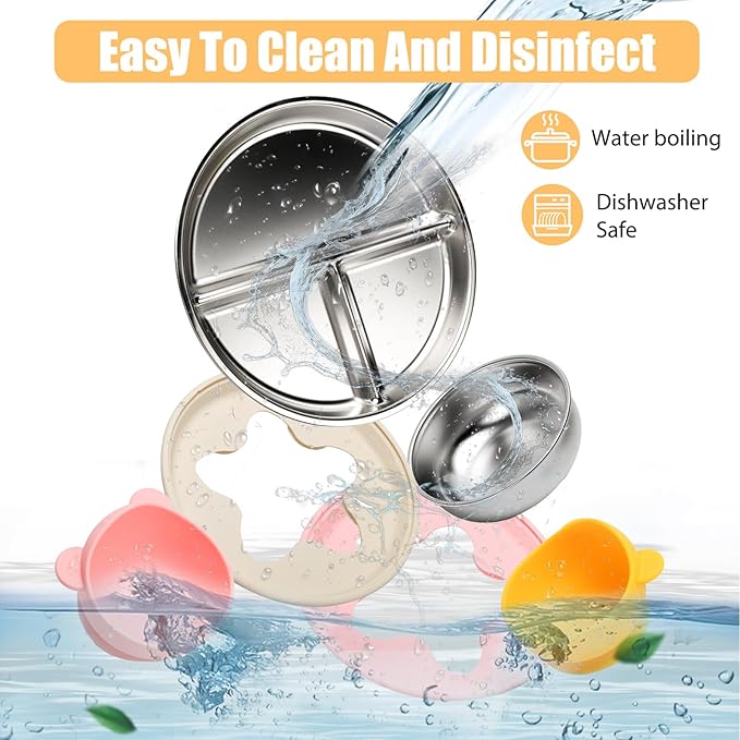 Stainless Steel Baby Plate and Bowls with Suction, Divided Kids Baby Plate and Toddler Bowl with Removable Silicone Suction, Non-Slip Baby Feeding Set Dishwasher Safe，4 Packs
