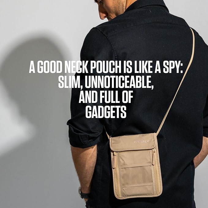 VENTURE 4TH Passport Holder Neck Wallet with RFID Blocking Nylon Lining - Hidden Neck Pouch for Travel (Sleek Black)