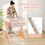 INFANS Baby Changing Table with Wheels, Portable Folding Diaper Station Nursery Organizer with Storage Basket, Hanging Rack, Adjustable Height, Safety Belt for Newborn Infant (Light Pink)