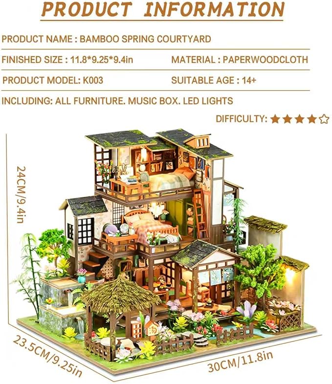 Spilay Miniature Dollhouse Miniature House Kit,DIY Kit Mini Modern Villa Model with Music Box ，Best Christmas Birthday Gift.(Bamboo Spring Courtyard)