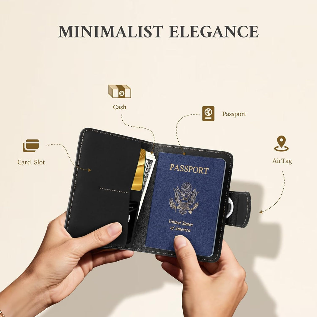 ALLIVE Passport Holder for Travel, Genuine Leather Passport Holder with AirTag Hidden Pocket, Rfid Blocking Passport Cover Travel Wallet for Women Men, Airport Essentials Gift (Black)