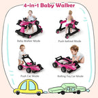 HONEY JOY 4-in-1 Baby Walker, Activity Push Walker w/3 Adjustable Heights, Smooth Wheels w/Adjustable Speed, Padded Seat, Music & Light, Foldable Car Walker for Baby Boys Girls Age 6 Months+ (Pink)