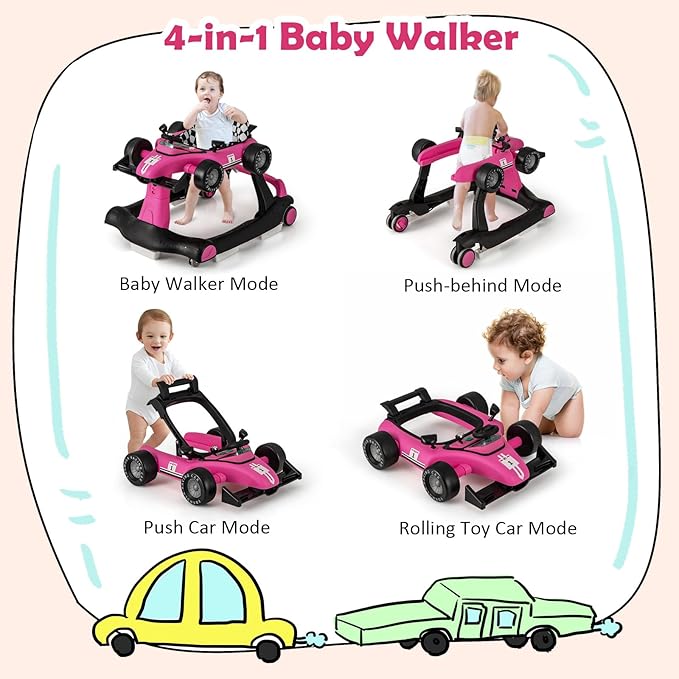 HONEY JOY 4-in-1 Baby Walker, Activity Push Walker w/3 Adjustable Heights, Smooth Wheels w/Adjustable Speed, Padded Seat, Music & Light, Foldable Car Walker for Baby Boys Girls Age 6 Months+ (Pink)