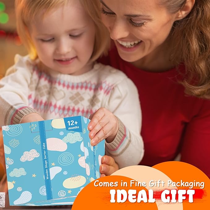 Montessori Toys for 1+ Year Old, Wooden Sorter Cube with 8pcs Rattling Shapes, Developmental Learning Toy Gifts for Baby Toddler Boys Girls, Gift Packaging