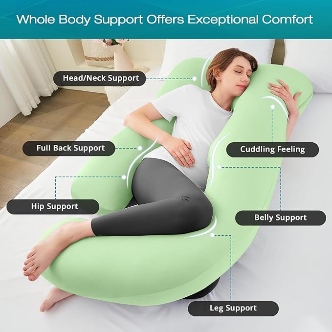 Sasttie Pregnancy Pillows for Sleeping, Jumbo U Shaped Cooling Full Body Pillow with Removable Cover, Pregnant Women Must Haves, Maternity Essential, Light Green
