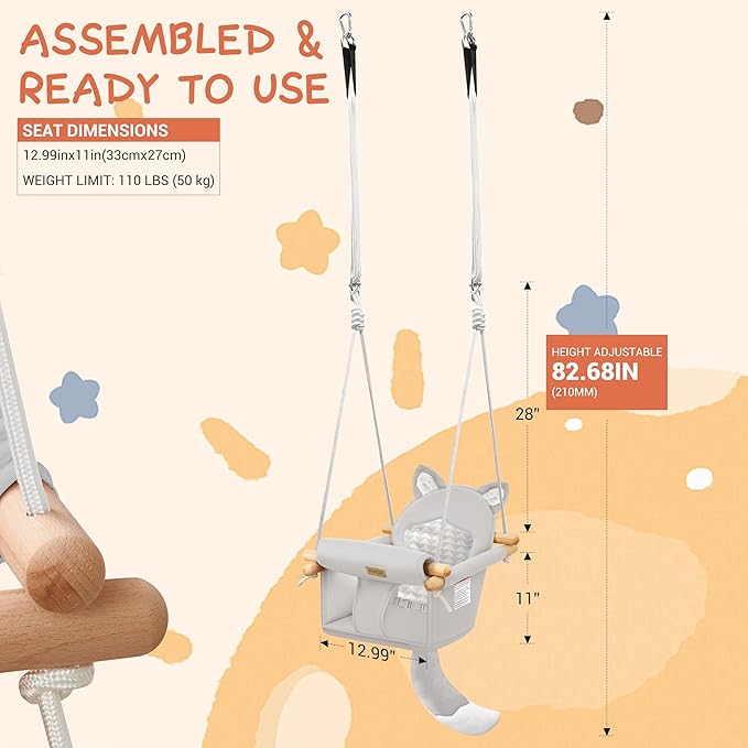 Wooden Hanging Baby Swing with Soft Safety Belt, Cozy Infant Swing Seat for Indoor & Outdoor Use, Adjustable Height, Includes Mounting Hardware – Suitable for Babies & Toddlers（Fox-Themed in Gray