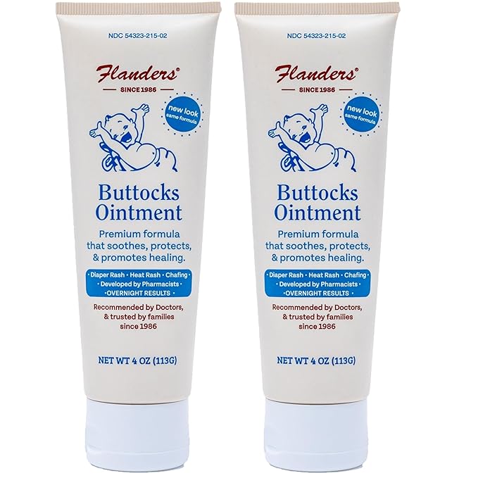 Flanders Buttocks Ointment - Diaper Rash Cream for Treatment & Prevention, Pharmacist Developed, Heat Rash & Chafing in Infants to Adults, Instant Relief (2 Pack of 4oz Tubes)