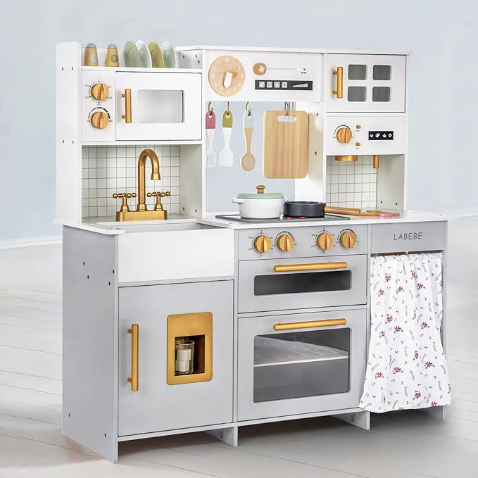 Labebe Wooden Kids Play Kitchen, Toy Kitchen Set with Plenty of Play Features & Cookware, Toddler Kitchen Playset Designed in Trendy Home Style for Boys Girls