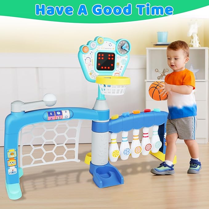 Toddler Basketball Hoop with Adjustable Height, 5 in 1 Toddler Sports Activity Center, Basketball Bowling Baseball Soccer Golf Set, Indoor Outdoor Sports Toy for Baby Birthday Present