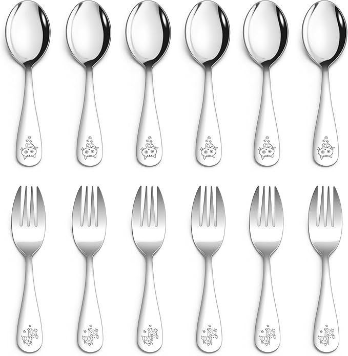 HaWare 12 Pieces Toddler Utensil Sets, Stainless Steel Kids Silverware Set Includes Toddler Forks and Spoons, Kids Safe Cutlery Set for Self Feeding, Cute Animal Handle Pattern, Dishwasher Safe