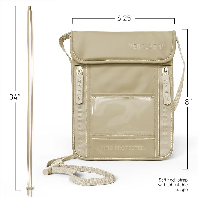 VENTURE 4TH Passport Holder Neck Wallet with RFID Blocking Nylon Lining - Hidden Neck Pouch for Travel (Sleek Beige)