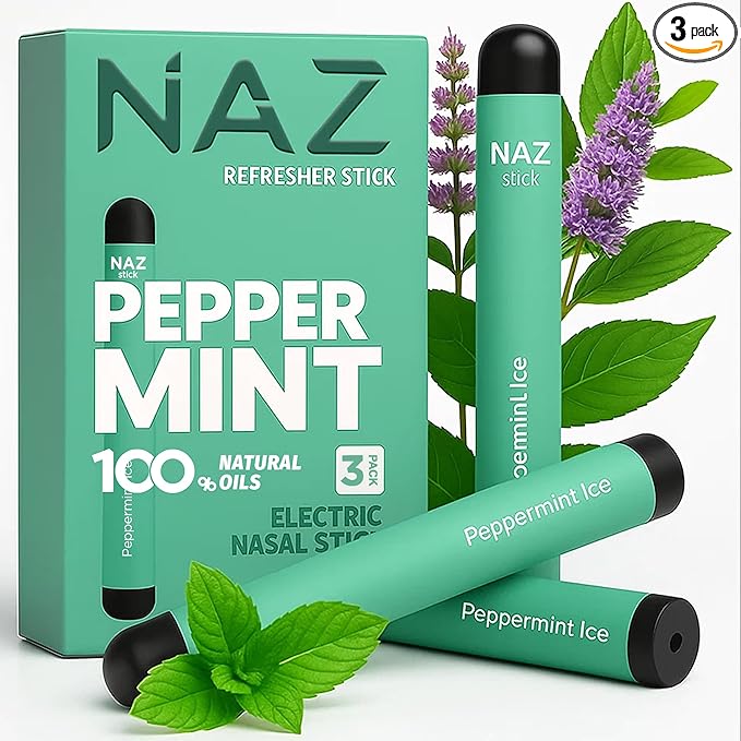 Naz Menthol Herbal Nasal Stick - Spearmint, Camphor, Eucalyptus Extracts w/Vapor Electric Nasal Inhaler for Aromatherapy, ICY Refreshing & Focus Diffuser Pen - 3Pak