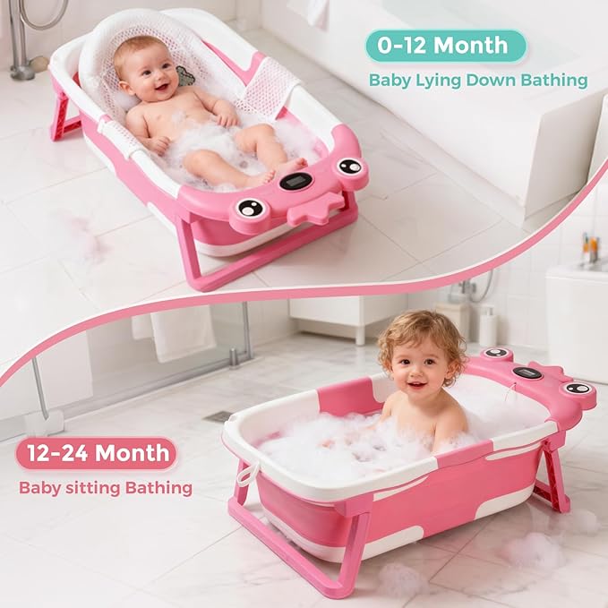 Baby Bathtub,Collapsible Baby Bath Tub with Soft Cushion & Thermometer, Space Saving Foldable & Travel Newborn Bathtub for Infant to Toddler 0-36 Months, Frog Pink