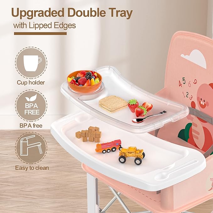 Baby Travel Booster Seat with Double Tray, BabyBond Upgraded Toddler Portable Baby Chair, Booster Seat for Dining Table, Stable and Foldable Booster Baby Chair for Indoor/Outdoor (Pink Dinosaur)