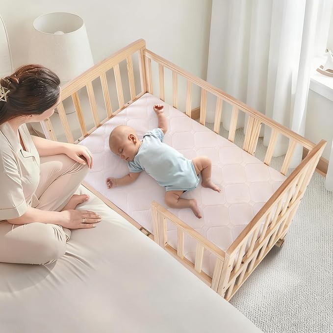 Baby Bassinets Bedside Sleeper - Portable Pine Wood Bedside Bassinet with Mattress,3 Heights Small Mini Crib,Baby Crib for Newborns,Unpainted