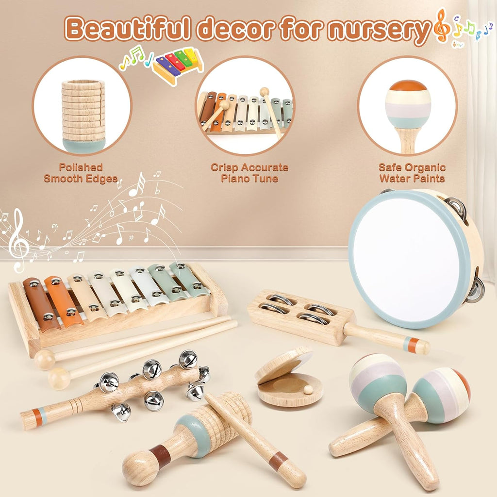 Toddler Musical Instruments, Joyreal Baby Musical Instruments Montessori Wooden Toys for Toddlers 3, Neutral Colors Percussion Instruments Set, Aesthetic Modern Boho Xylophone for Kids Playroom Gifts