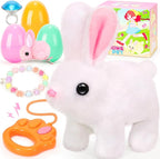 Hopping Plush Bunny Easter Interactive Toys for Kids,Can Wagging Tail and Twitching Nose with Remote Control Leash,Easter Eggs and Decorations,Easter Christmas Birthday Gift for Toddlers