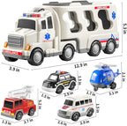 TEMI 5 Pack Ambulance Vehicle Toddler Truck Toys for 3 4 5 6 Year Old Boys, Friction Powered Cars with Toy Helicopter, Police Car, Fire Truck, Ambulance Car, Birthday Gifts for Girls Age 3-9