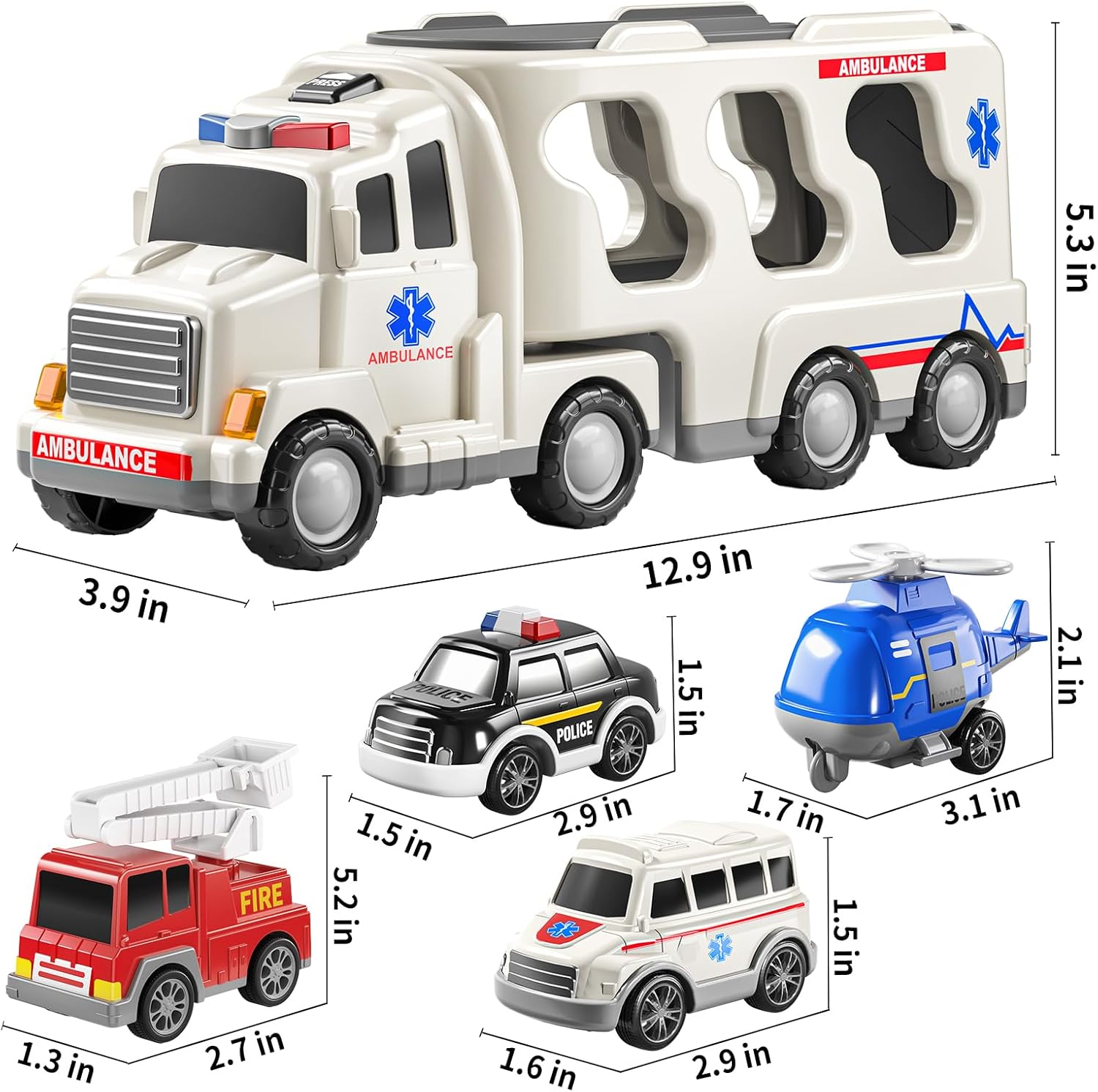 TEMI 5 Pack Ambulance Vehicle Toddler Truck Toys for 3 4 5 6 Year Old Boys, Friction Powered Cars with Toy Helicopter, Police Car, Fire Truck, Ambulance Car, Birthday Gifts for Girls Age 3-9