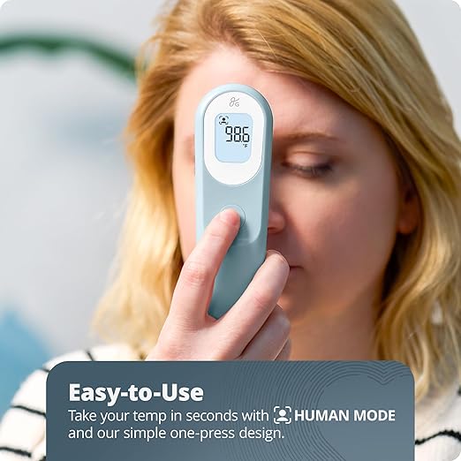 Greater Goods No-Touch Infrared Digital Thermometer for Adults, Kids, and Babies, Forehead Thermometer with Ergonomic Grip, Fever Alarm, Powder Blue