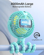 SWEETFULL Portable Stroller Fan with Display 4000mAh Battery Powered Mini Clip On Fan, 4-Speed Rechargeable Small Personal Cooling for Baby Car Seat Crib Travel - Cyan