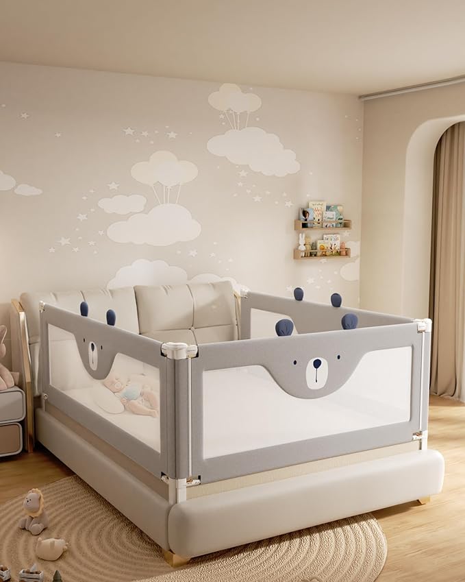 Baby Bed Rail Guard for Toddlers, Reinforced 60in Toddler Bed Rails for Queen Bed with Height Adjustable, Extral Tall Child Safety Side Railing Guards/Bedrail for Kids,Grey Bear, 1 Side 60" Lx28 H