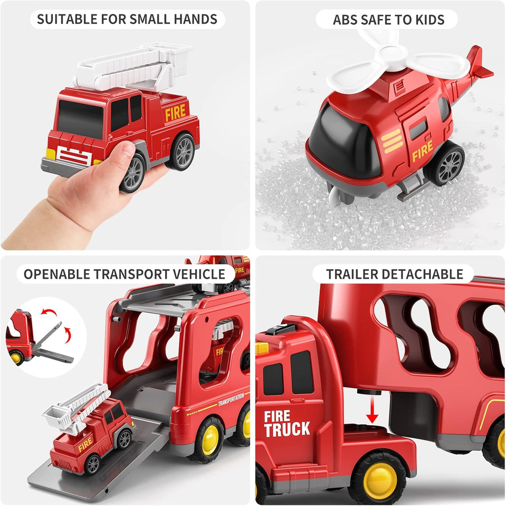 TEMI Fire Trucks Boy Toys for Toddlers 3-5 Year Old - Firetruck Toys for Kids 3 4 5 6 7, Transport Vehicle Carrier Set, Birthdays Gifts for Kids Girls Aged 4-6
