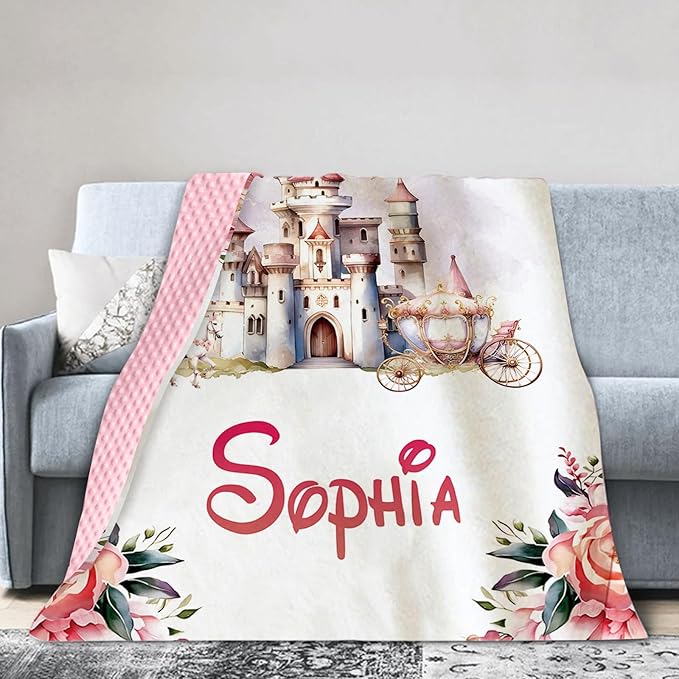Personalized Baby Blankets for Girls, Custom Name Floral Castle Pattern Baby Blanket, Soft Minky Dot Blanket for Newborns and Toddlers, Ideal for Baby Showers Christmas Brithday Gifts