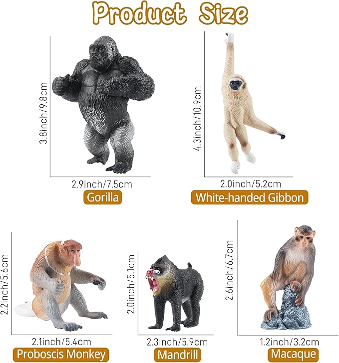 Toymany 15PCS Monkey Primates Figurines, Plastic Jungle Animals Set Included Tree Monkey Ape Tree Chimpanzee Gorilla Orangutan Toys for Kid Todllers