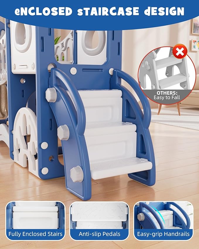 YUFU Toddler Slide Set, 11 in 1 Kids Slide for Toddlers 1-3, Toddler Playset with Climbing Bridge, Golf Set, Basketball Hoop, Indoor Outdoor Playground (Blue)