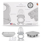 Moss and Fawn Little Explorer Kit - Silicone Frozen Breast Milk Popsicle Kit with Forage Feeder, Teething Popsicle Ice Cube Tray, & Gather & Roll Baby Feeding Bib - BPA, PVC, & Lead-Free - Dew