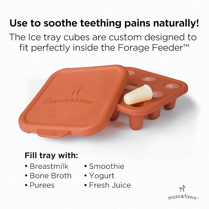 Moss and Fawn Little Explorer Kit - Silicone Frozen Breast Milk Popsicle Kit with Forage Feeder, Teething Popsicle Ice Cube Tray, & Gather & Roll Baby Feeding Bib - BPA, PVC, & Lead-Free - Terracotta