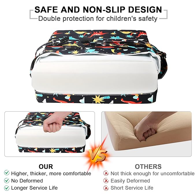 Toddler Booster Seat for Dining Table, Kids Booster Seat for Kitchen Chair with Backrest and Adjustable Straps, Non-Slip Portable PU Waterproof Travel Camping Eating Baby Booster Increasing Cushion