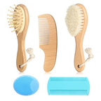 Wooden Natural Goat Bristle Brush and Cradle Cap Comb Set - 5 in 1 Baby Grooming Kit for Newborns, Toddlers, Boys, and Girls (Blue)