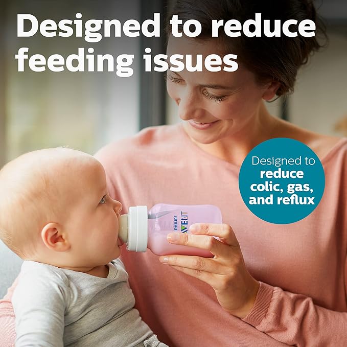 Philips Avent Anti-Colic Baby Bottle with AirFree Vent, 9oz, with Flow 2 Nipples, 1m+, 4pk, Pink, SCY703/14