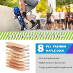 Skateboard,31 x 8 Inch Complete Skateboard, 8-Layer Maple Wood Deck Double Kick Standard Skateboards for Kids, Teens, Adult, Beginner