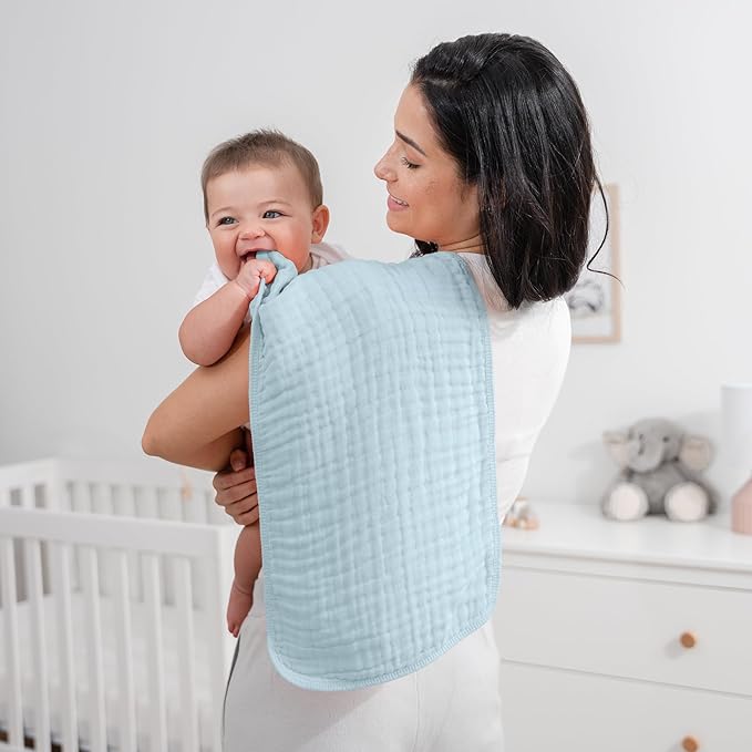 Comfy Cubs Muslin Burp Cloths 20" x 10", Pack of 10 - Large, 6-Layer, Ultra Absorbent 100% Cotton for Baby Drool and Messes - Soft, Safe & Gentle Baby Burp Cloths for Boys & Girls - Sky Blue