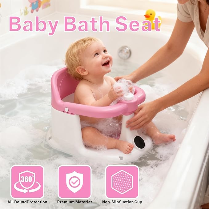 Baby Bath Seat for Infants 6 Months & Up - Adjustable Sitting up Bathtub Chair with Surround Design & Temperature Sensor, Non-Slip 4-Suction Base for Infant Bath Safety (Pink)