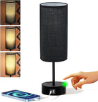 KPQ Small Bedside Lamp Touch Control Table Lamp with USB A+C Charging Ports & AC Outlet 3-Way Dimmable Nightstand Lamp with Linen Fabric Shade for Bedroom Living Room