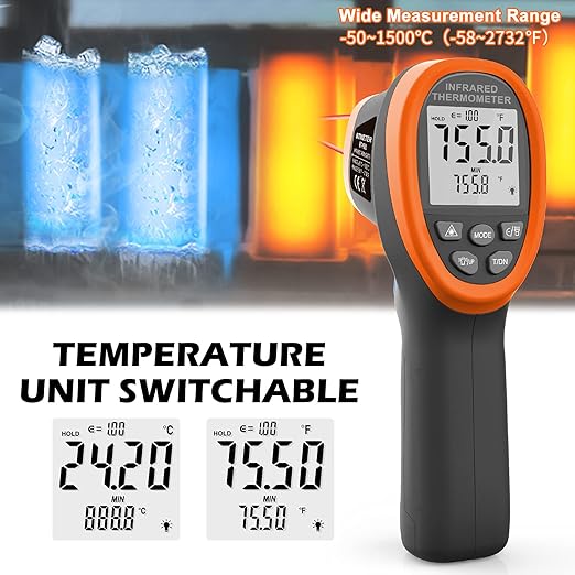 BTMETER BT-1500 Pyrometer 30:1 Industrial Laser Thermometer Gun, -58℉ to 2732℉ Non Contact High Temp Infrared Thermometer Digital IR Temperature Gauge Orange(NOT for Human Temp Test)