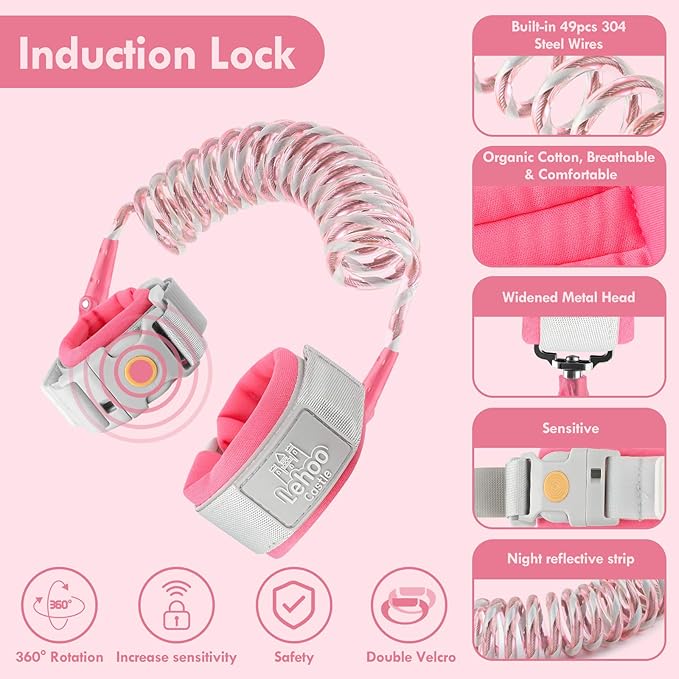 Lehoo Castle Upgraded Anti Lost Wrist Link, Kid Harness with Induction Lock, Safety Wrist Leash for Toddlers, Kids Backpack Leash, Child Leash Harness (Pink)