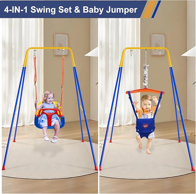 Toddler Swing Set, 3-in-1 Baby Swing Outdoor/Indoor, Toddler Swing&Jumper with Foldable Metal Stand, Baby Swing Outdoor for Aged 6 Months to 10 Years Old