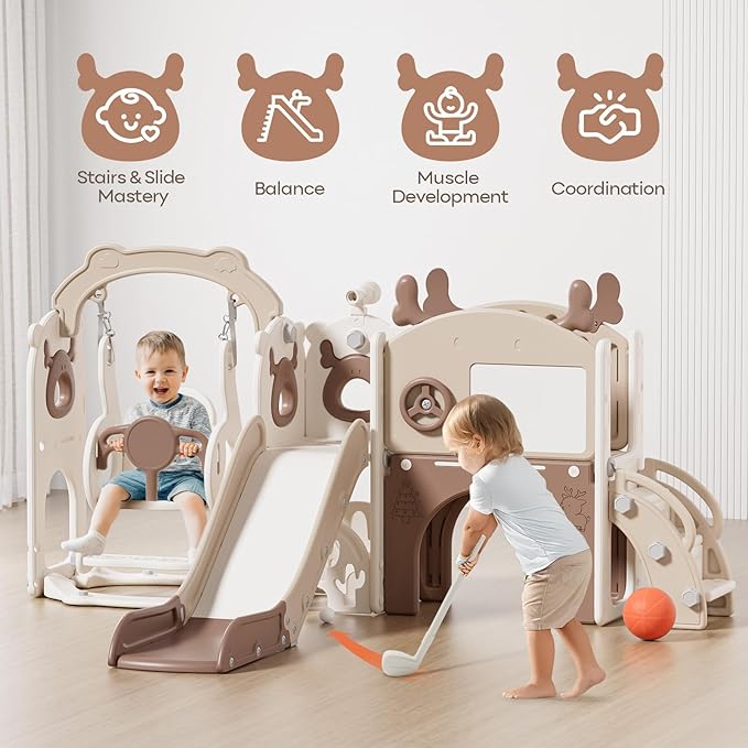 Mloong 12 in 1 Toddler Slide and Swing Set, Kids Slide for Toddlers 1-3 Years Old Baby, Indoor Outdoor with Basketball Hoop Drawing Golf for Kids Easy Assembly(Beige & Rosy Brown)(82×67×41in)
